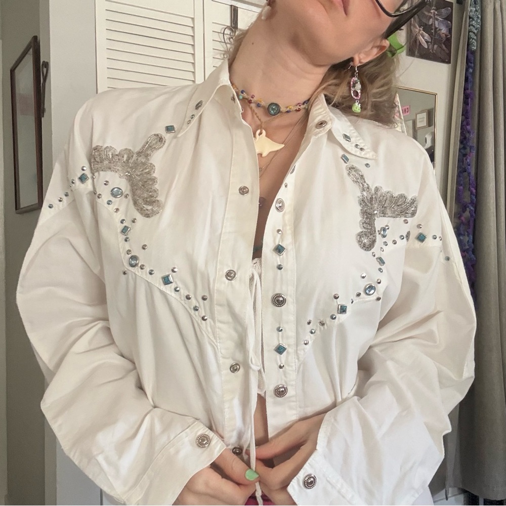 Vintage White Button-Down Shirt with Silver Beading and Blue Gems
